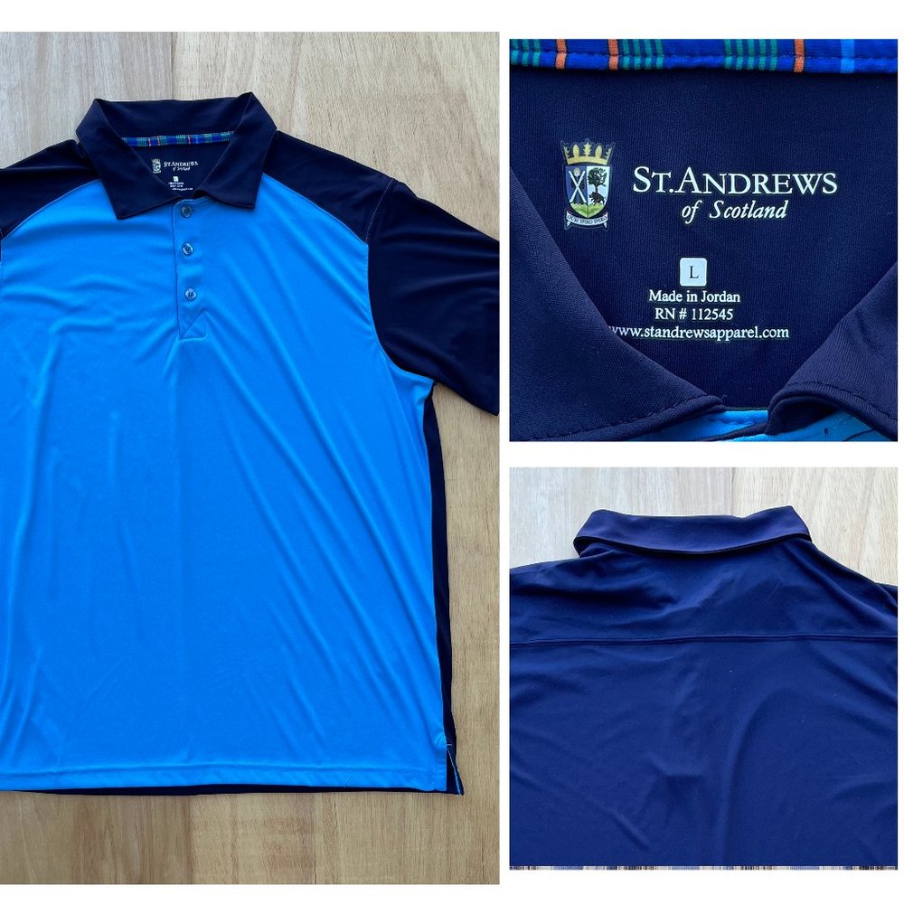 ST ANDREWS OF SCOTLAND Men's Blue Color Block Short Sleeve Polo Shirt sz L